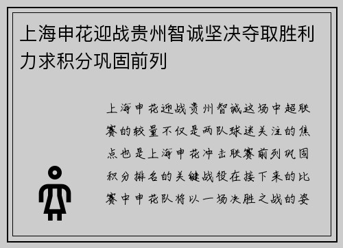 上海申花迎战贵州智诚坚决夺取胜利力求积分巩固前列