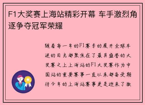 F1大奖赛上海站精彩开幕 车手激烈角逐争夺冠军荣耀